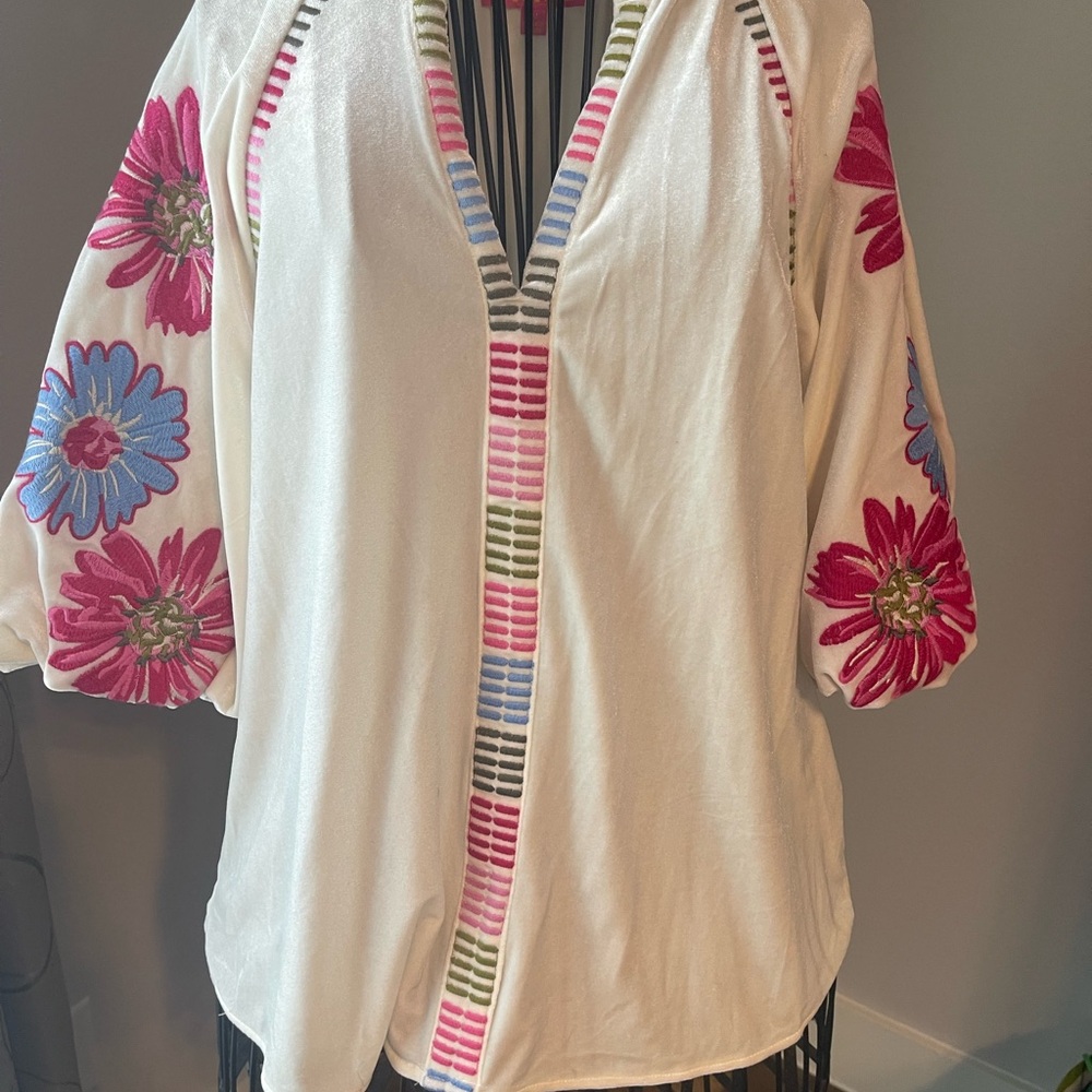 THML White Blouse with Pink and Blue Floral Accents